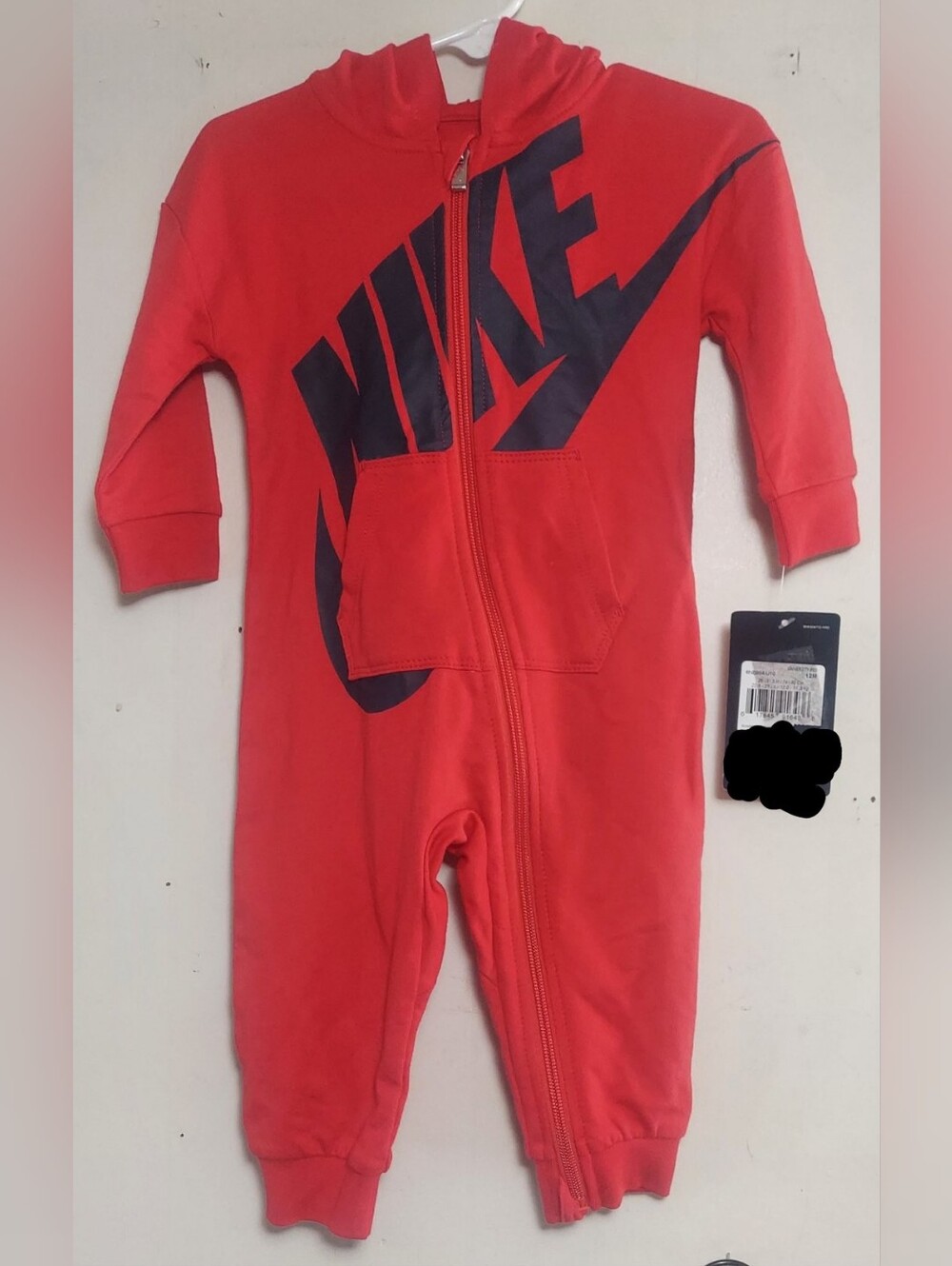 Nike Red Kids One-Piece Zip Hooded Romper with Black Logo